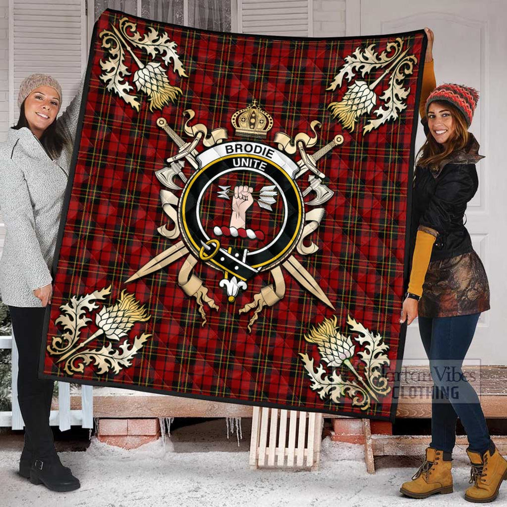 Tartan Vibes Clothing Brodie Tartan Quilt with Family Crest and Scottish Golden Courage Shield