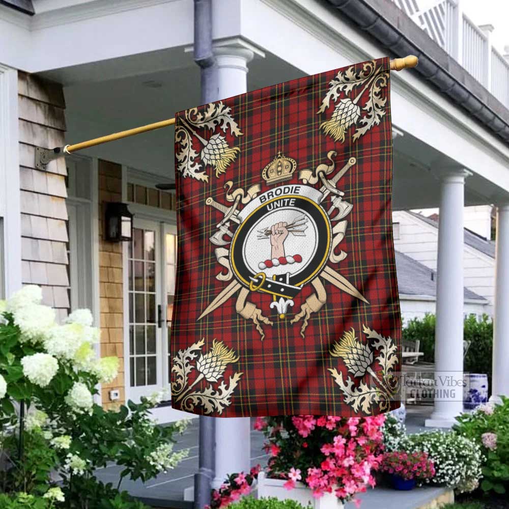 Tartan Vibes Clothing Brodie Tartan Flag with Family Crest and Golden Thistle Crossed Sword Design