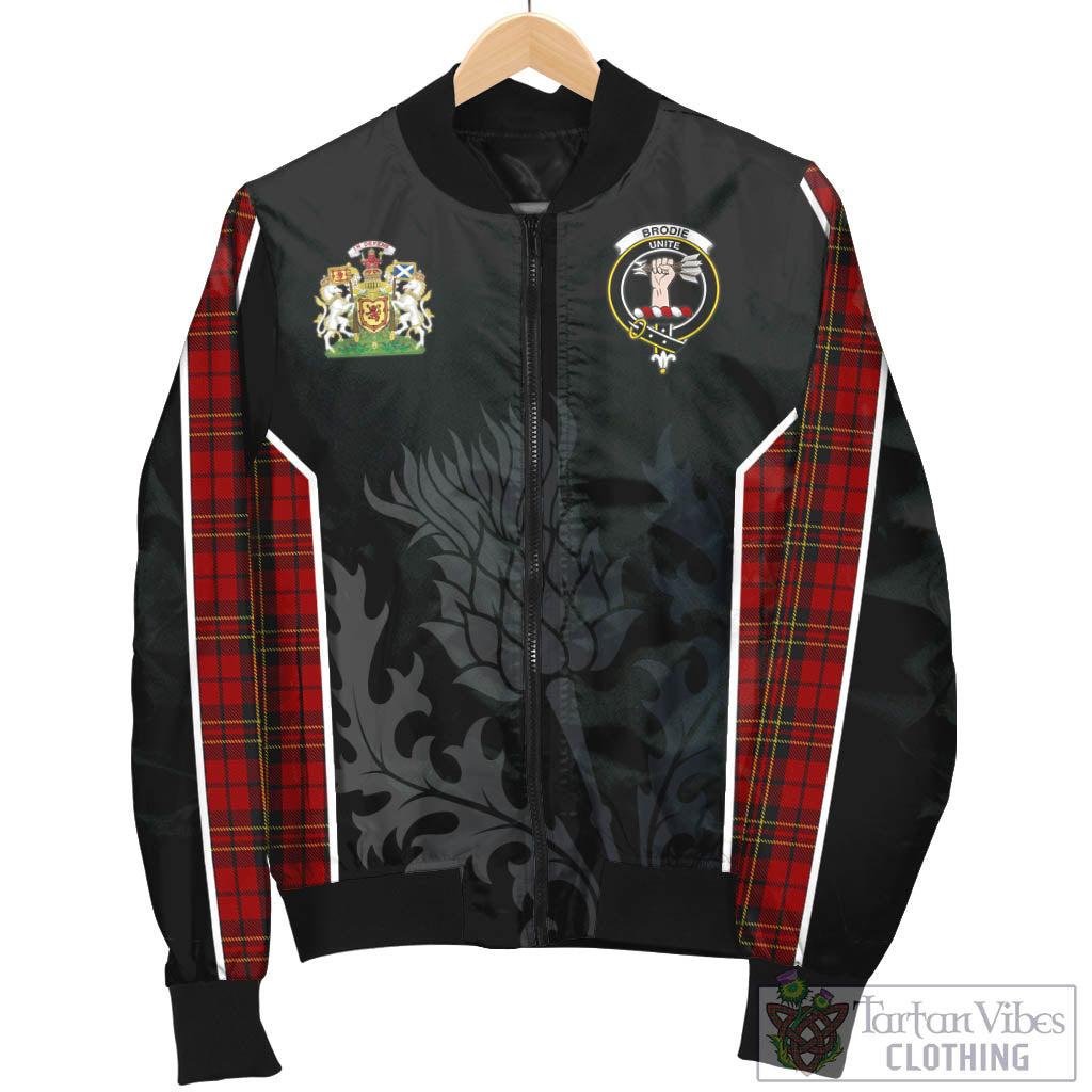 Tartan Vibes Clothing Brodie Tartan Bomber Jacket with Family Crest and Scottish Thistle Vibes Sport Style