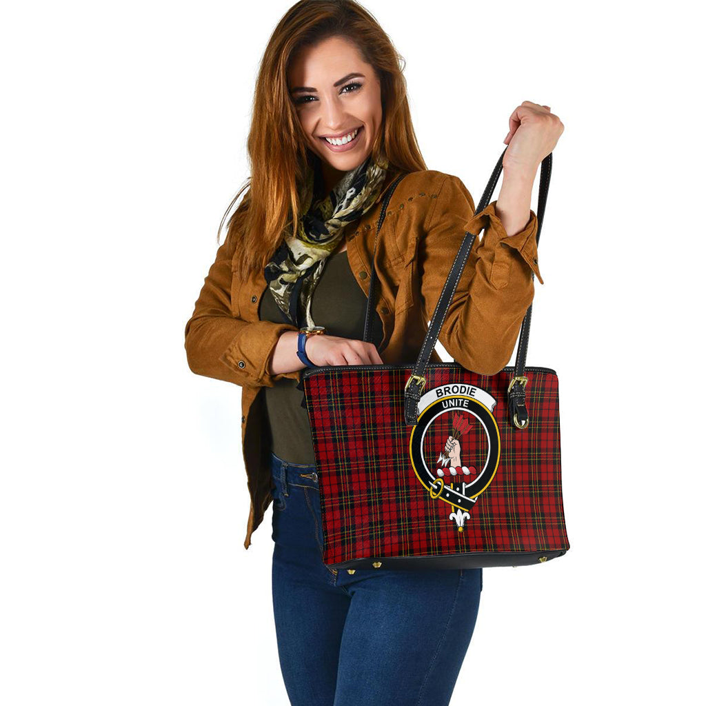 Brodie Tartan Leather Tote Bag with Family Crest - Tartanvibesclothing