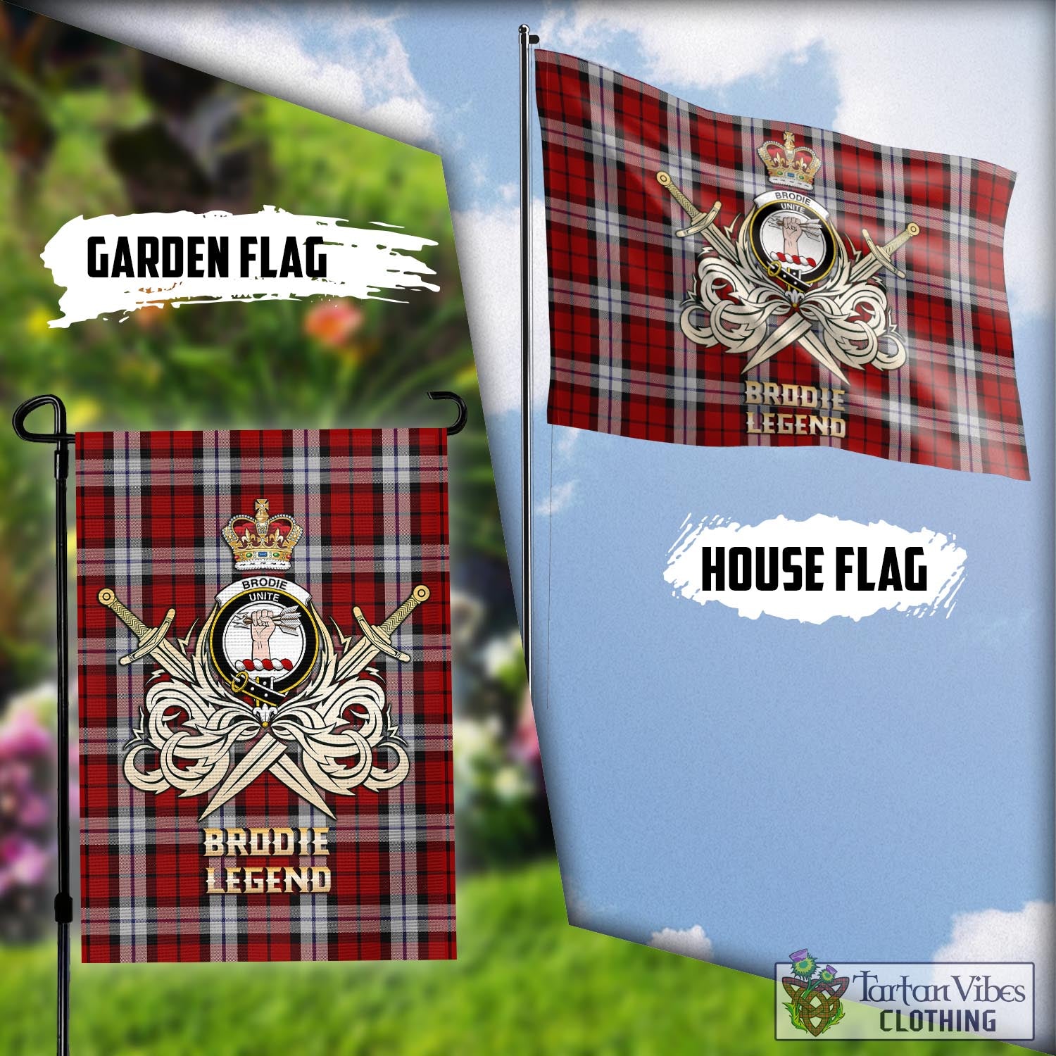 Tartan Vibes Clothing Brodie Dress Tartan Flag with Clan Crest and the Golden Sword of Courageous Legacy