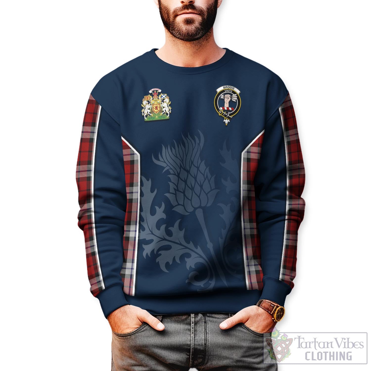 Tartan Vibes Clothing Brodie Dress Tartan Sweatshirt with Family Crest and Scottish Thistle Vibes Sport Style