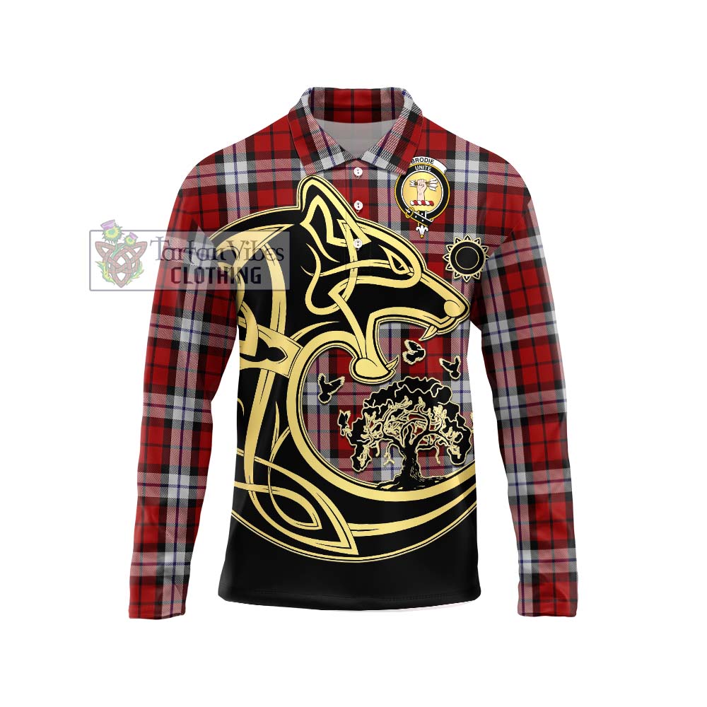 Tartan Vibes Clothing Brodie Dress Tartan Long Sleeve Polo Shirt with Family Crest Celtic Wolf Style