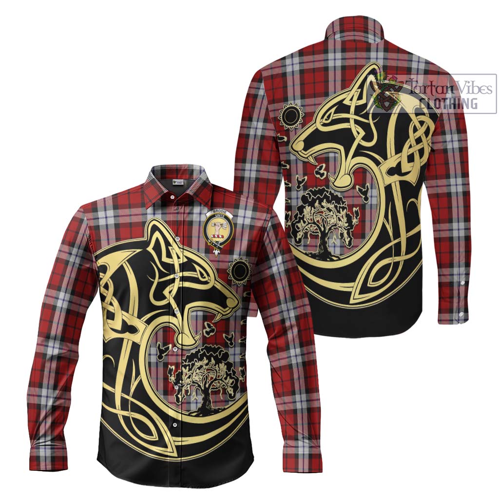 Tartan Vibes Clothing Brodie Dress Tartan Long Sleeve Button Shirt with Family Crest Celtic Wolf Style