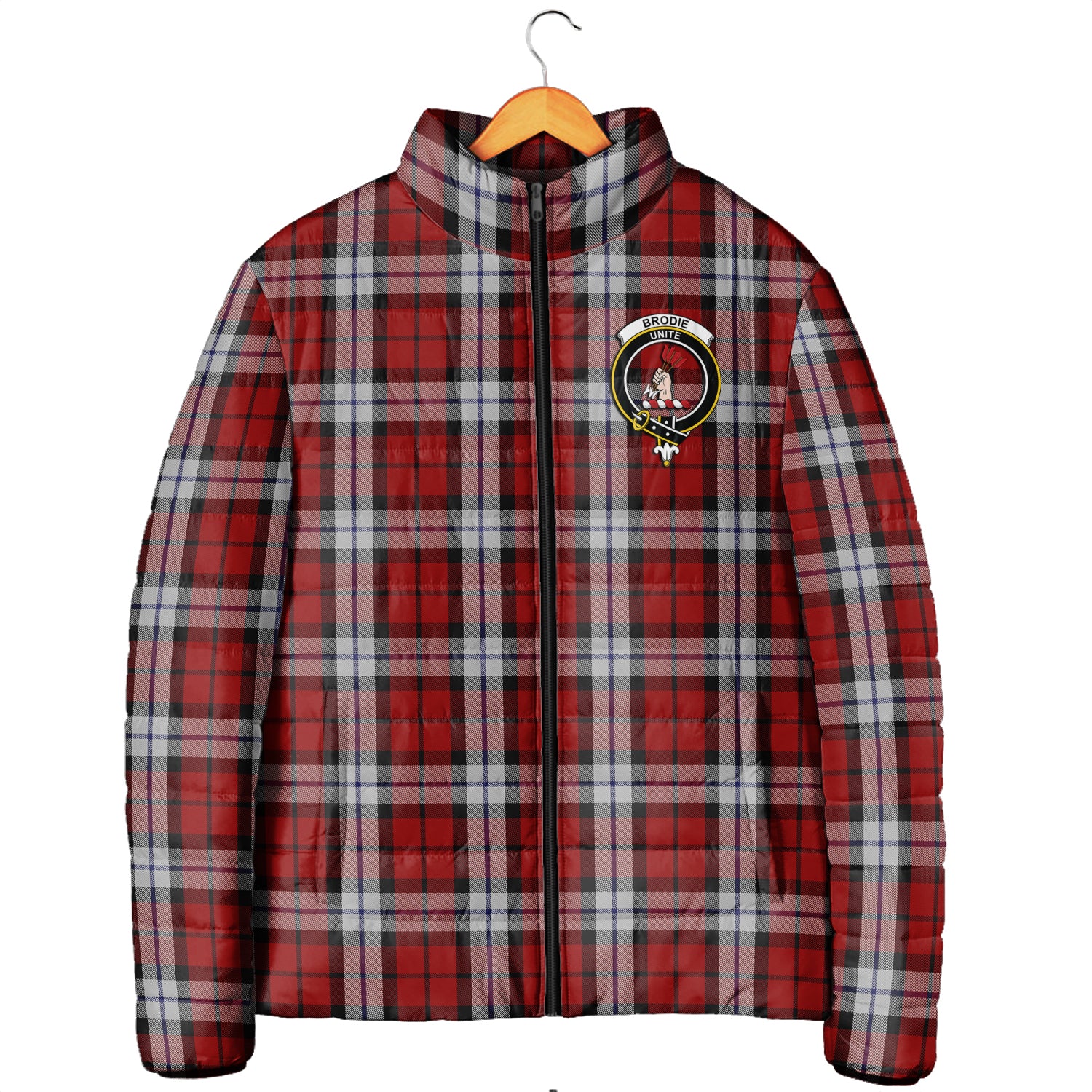 Brodie Dress Tartan Padded Jacket with Family Crest Men's Padded Jacket - Tartan Vibes Clothing