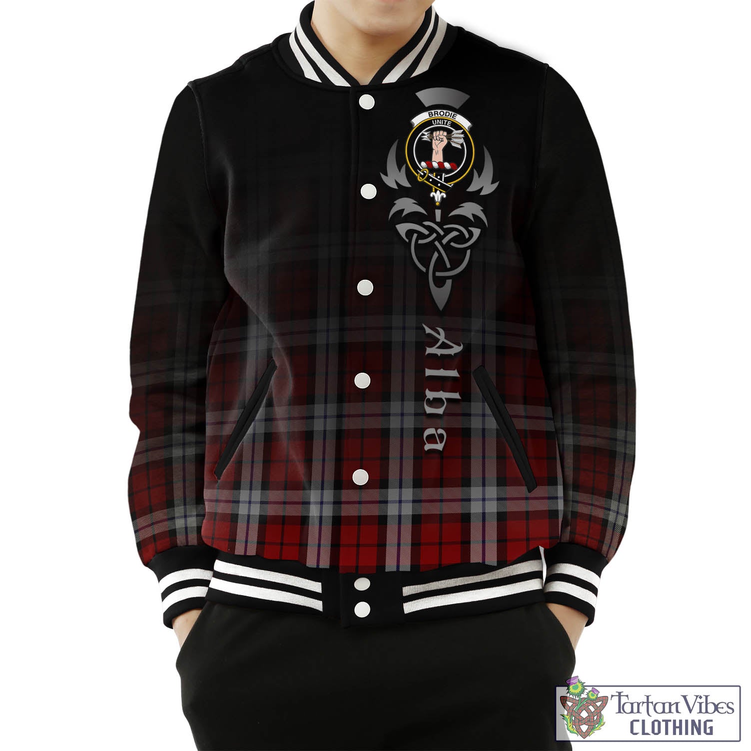 Tartan Vibes Clothing Brodie Dress Tartan Baseball Jacket Featuring Alba Gu Brath Family Crest Celtic Inspired