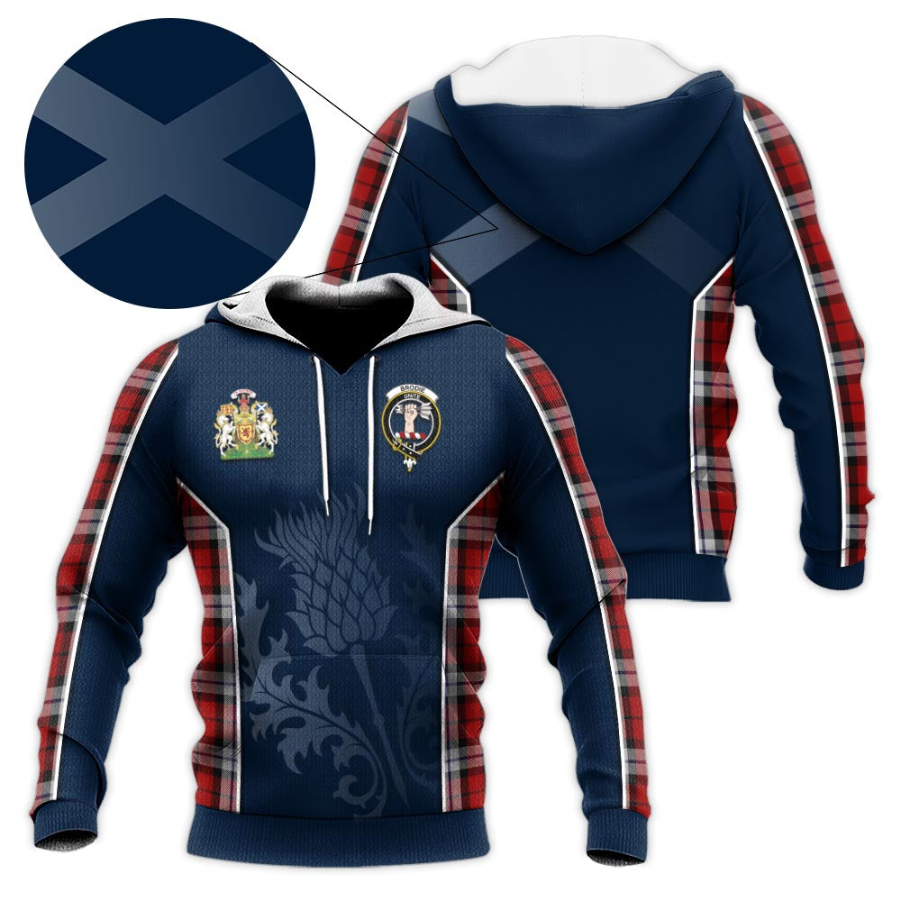 Tartan Vibes Clothing Brodie Dress Tartan Knitted Hoodie with Family Crest and Scottish Thistle Vibes Sport Style