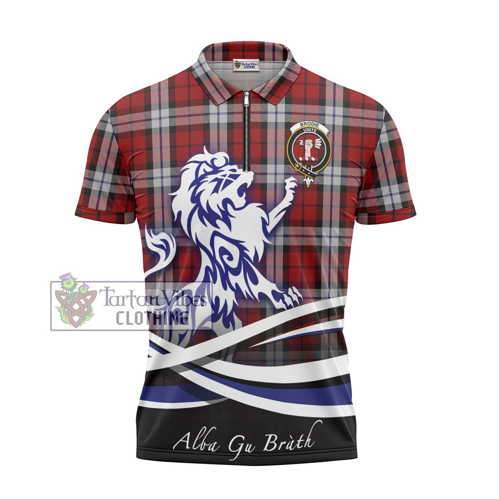 Brodie Dress Tartan Zipper Polo Shirt with Alba Gu Brath Regal Lion Emblem - Tartanvibesclothing Shop