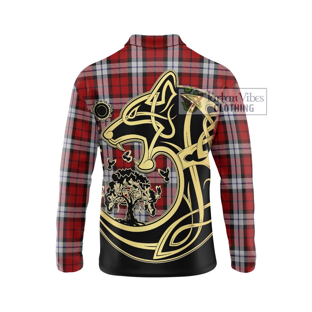 Tartan Vibes Clothing Brodie Dress Tartan Long Sleeve Polo Shirt with Family Crest Celtic Wolf Style