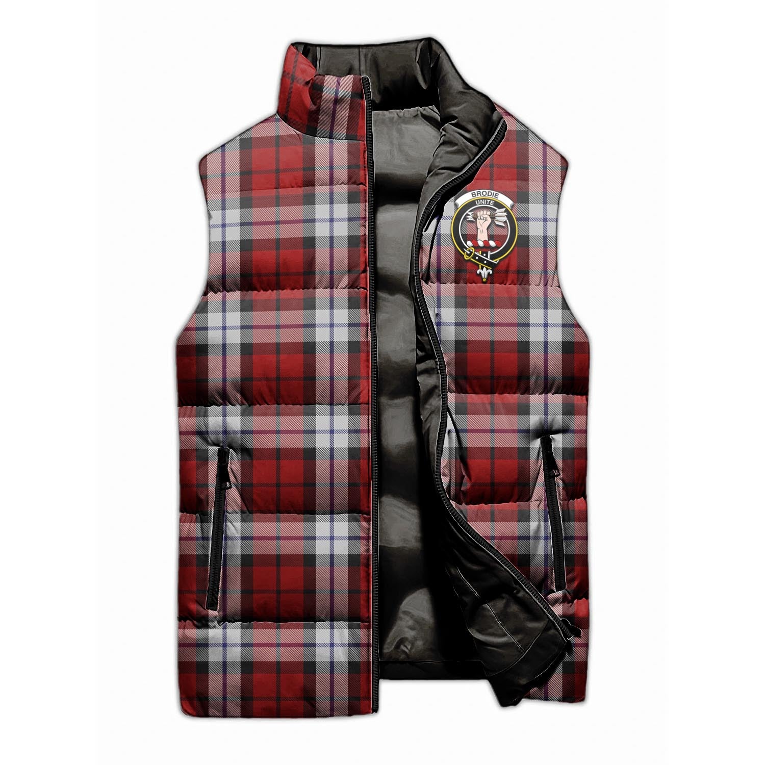 Brodie Dress Tartan Sleeveless Puffer Jacket with Family Crest - Tartanvibesclothing