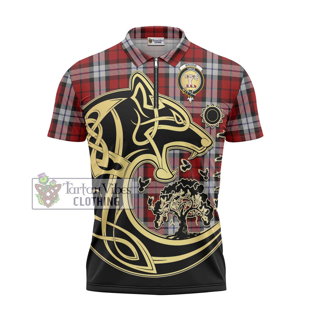 Brodie Dress Tartan Zipper Polo Shirt with Family Crest Celtic Wolf Style - Tartanvibesclothing Shop