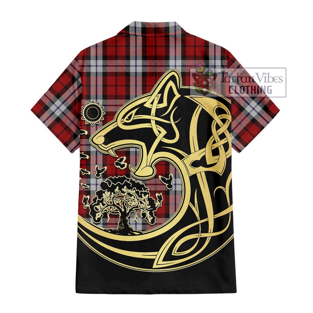 Tartan Vibes Clothing Brodie Dress Tartan Short Sleeve Button Shirt with Family Crest Celtic Wolf Style