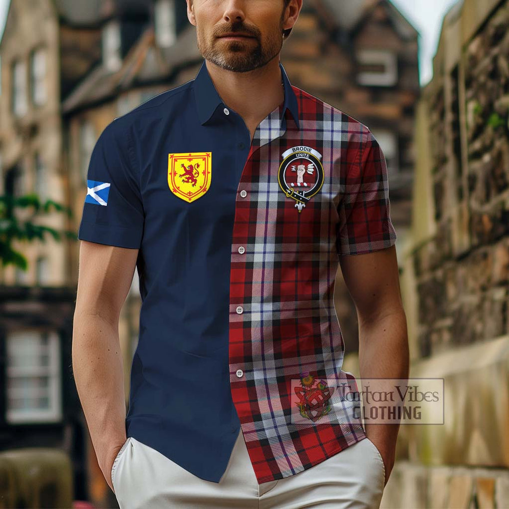 Tartan Vibes Clothing Brodie Dress Tartan Short Sleeve Button Shirt with Scottish Lion Royal Arm Half Style