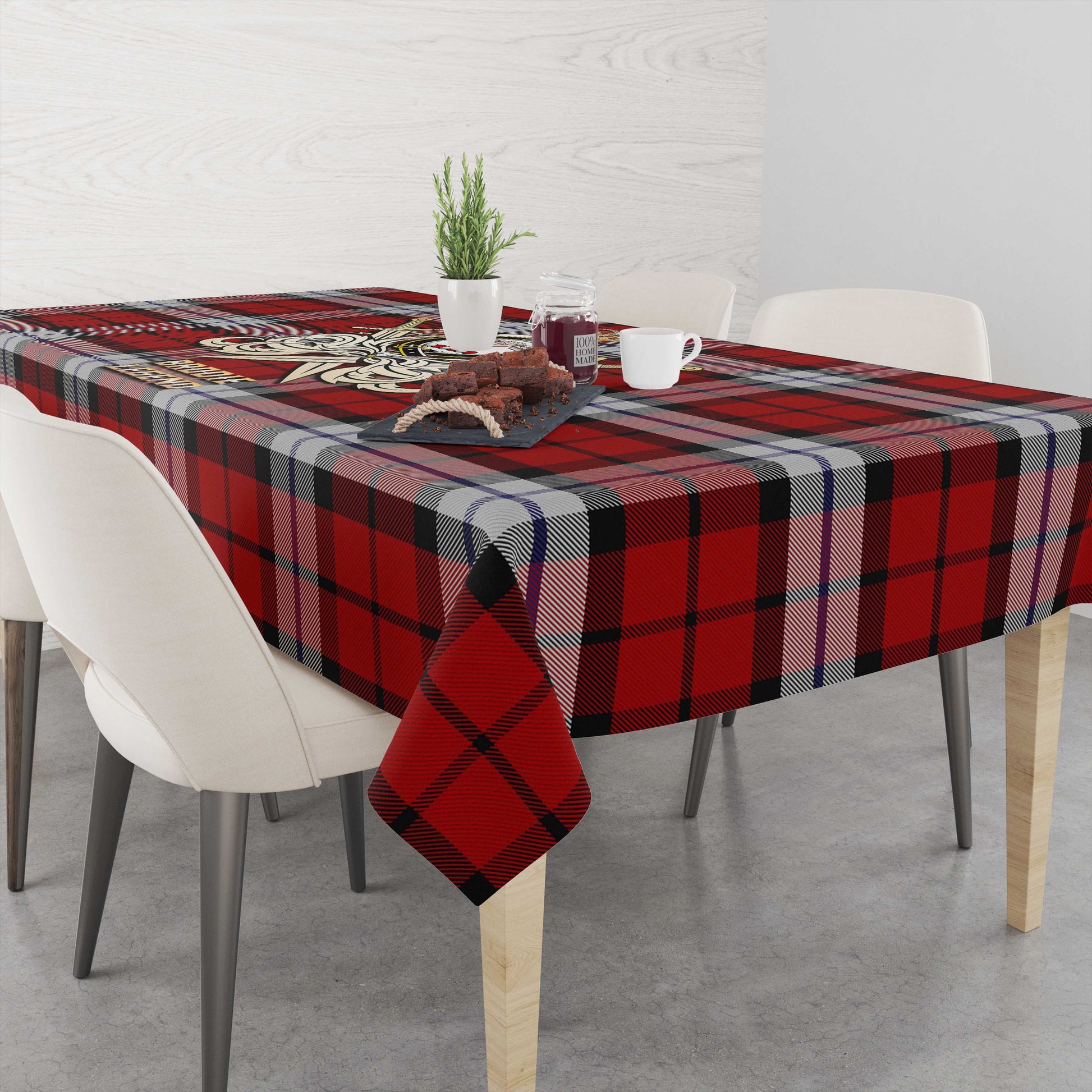 Tartan Vibes Clothing Brodie Dress Tartan Tablecloth with Clan Crest and the Golden Sword of Courageous Legacy