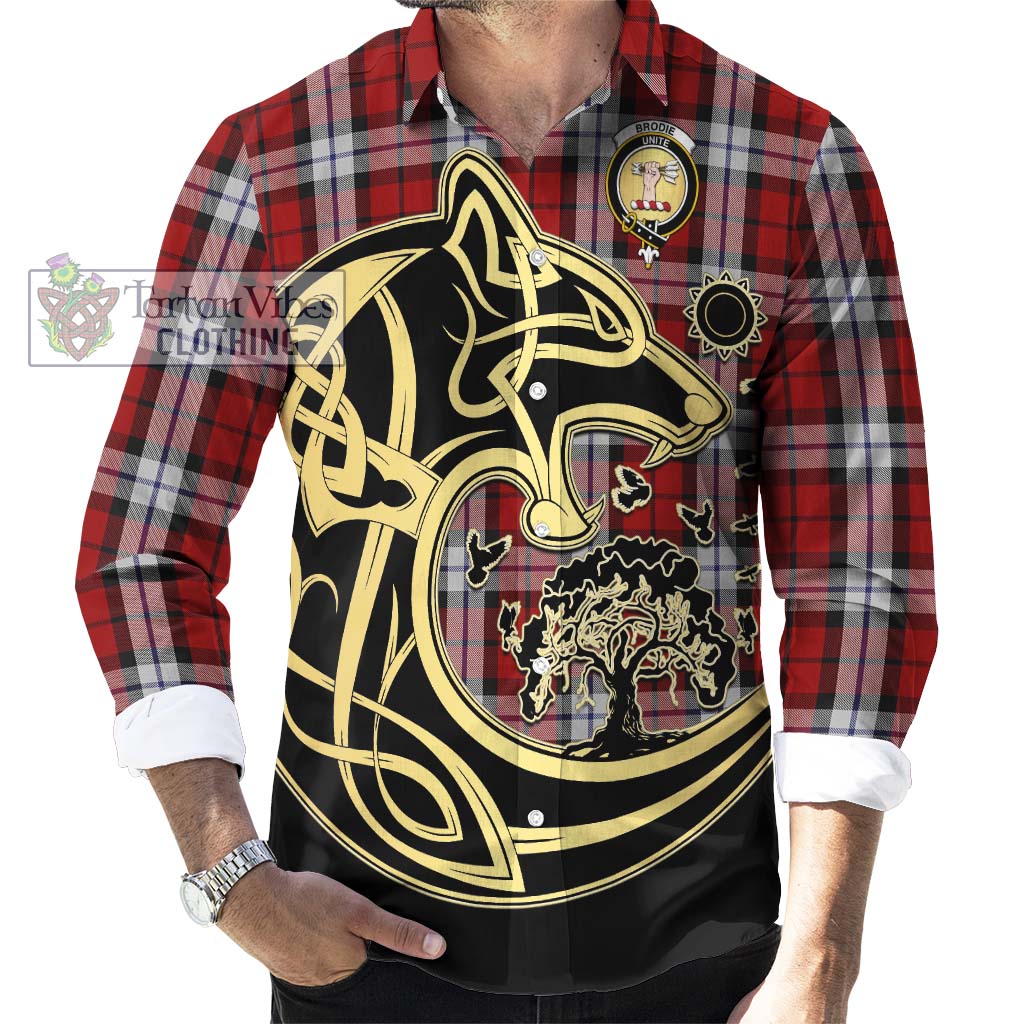 Tartan Vibes Clothing Brodie Dress Tartan Long Sleeve Button Shirt with Family Crest Celtic Wolf Style