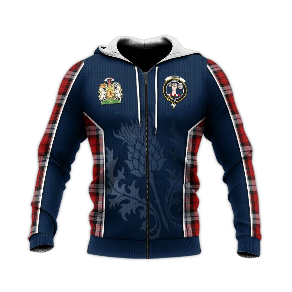 Tartan Vibes Clothing Brodie Dress Tartan Knitted Hoodie with Family Crest and Scottish Thistle Vibes Sport Style