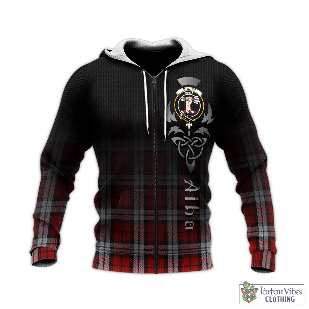 Tartan Vibes Clothing Brodie Dress Tartan Knitted Hoodie Featuring Alba Gu Brath Family Crest Celtic Inspired