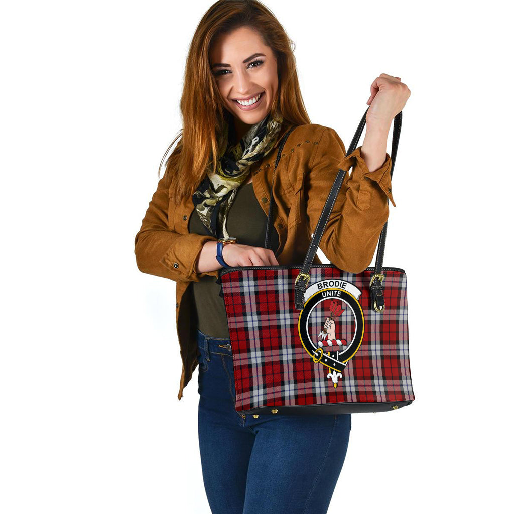 Brodie Dress Tartan Leather Tote Bag with Family Crest - Tartanvibesclothing