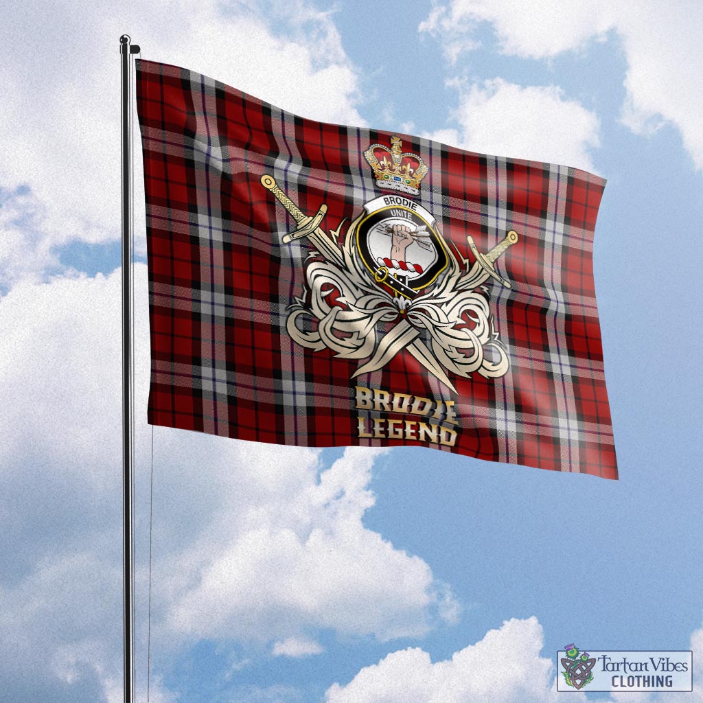 Tartan Vibes Clothing Brodie Dress Tartan Flag with Clan Crest and the Golden Sword of Courageous Legacy