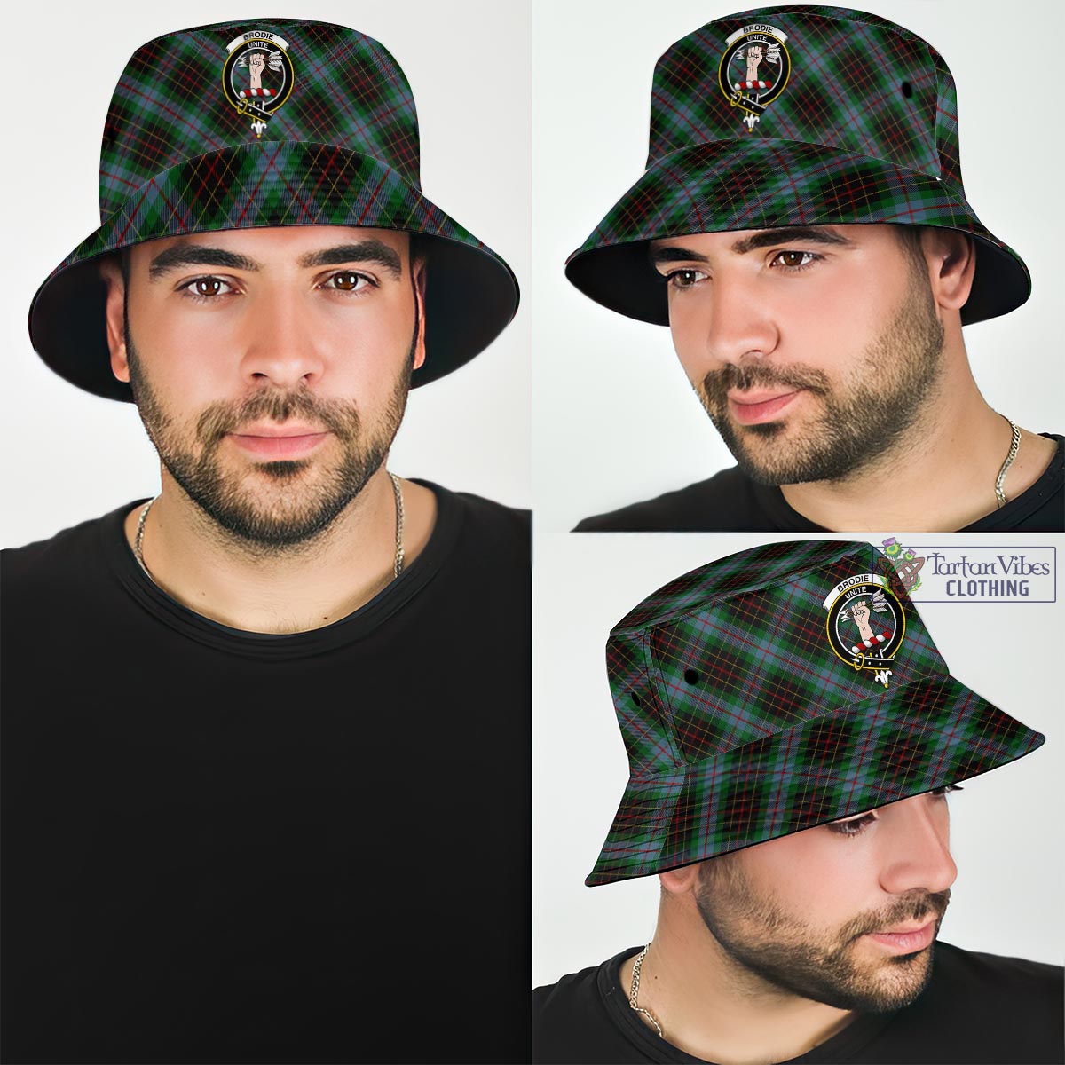 Tartan Vibes Clothing Brodie Hunting Tartan Bucket Hat with Family Crest