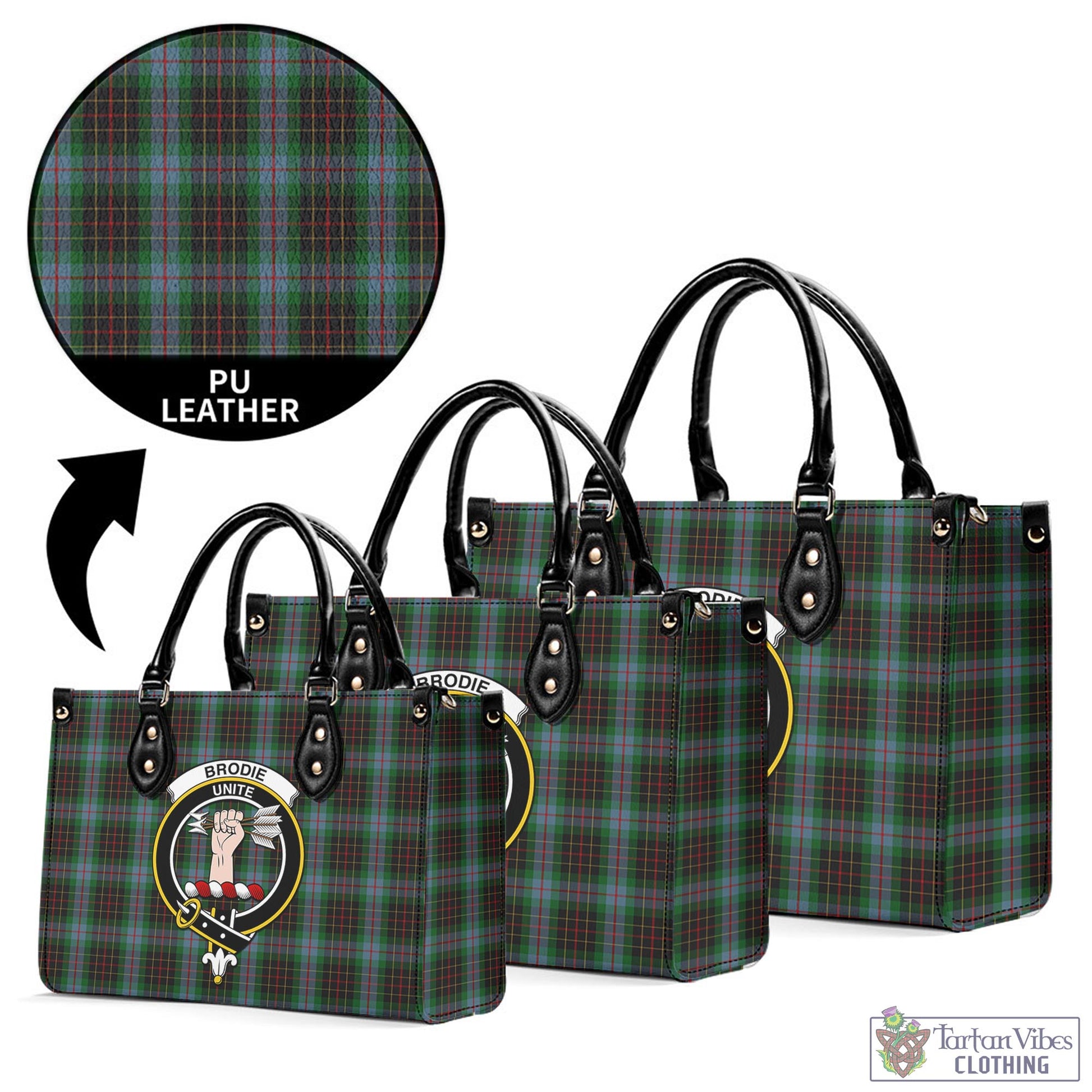 Tartan Vibes Clothing Brodie Hunting Tartan Luxury Leather Handbags with Family Crest