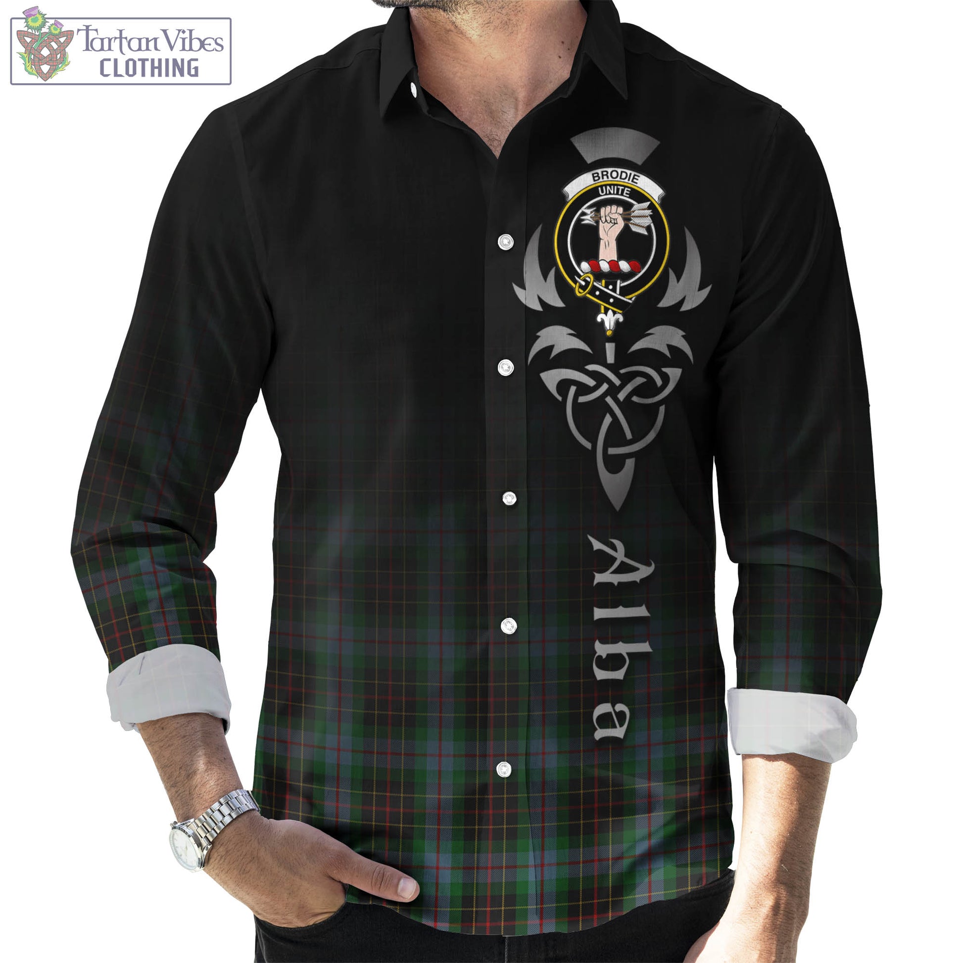 Tartan Vibes Clothing Brodie Hunting Tartan Long Sleeve Button Up Featuring Alba Gu Brath Family Crest Celtic Inspired