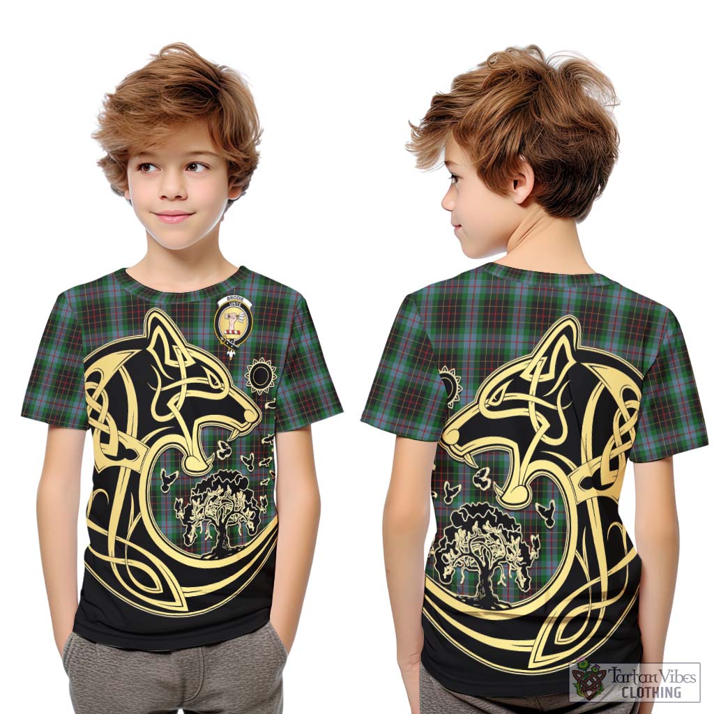 Tartan Vibes Clothing Brodie Hunting Tartan Kid T-Shirt with Family Crest Celtic Wolf Style