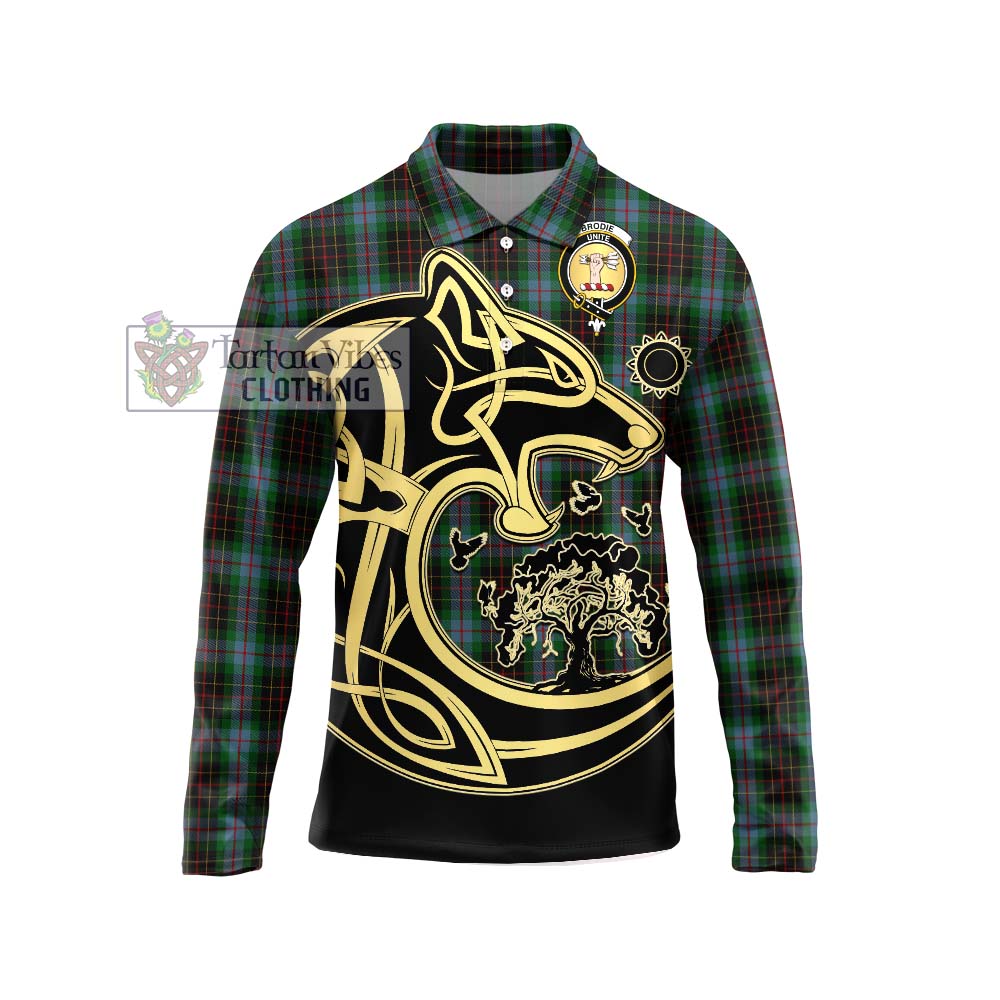 Tartan Vibes Clothing Brodie Hunting Tartan Long Sleeve Polo Shirt with Family Crest Celtic Wolf Style