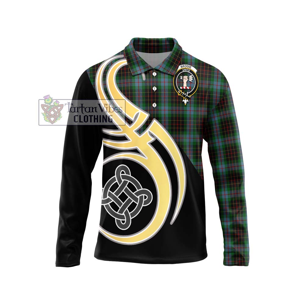 Brodie Hunting Tartan Long Sleeve Polo Shirt with Family Crest and Celtic Symbol Style Unisex - Tartan Vibes Clothing