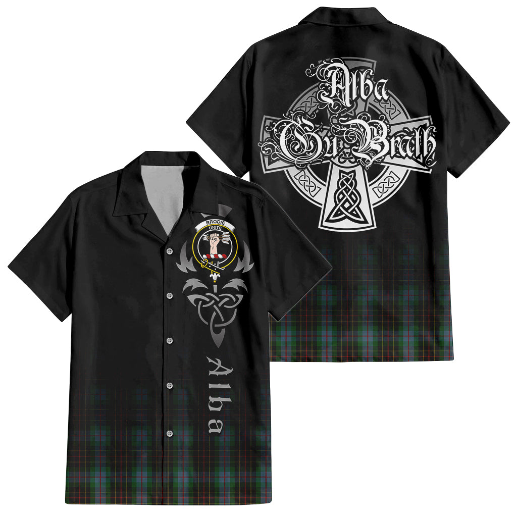 Tartan Vibes Clothing Brodie Hunting Tartan Short Sleeve Button Up Featuring Alba Gu Brath Family Crest Celtic Inspired