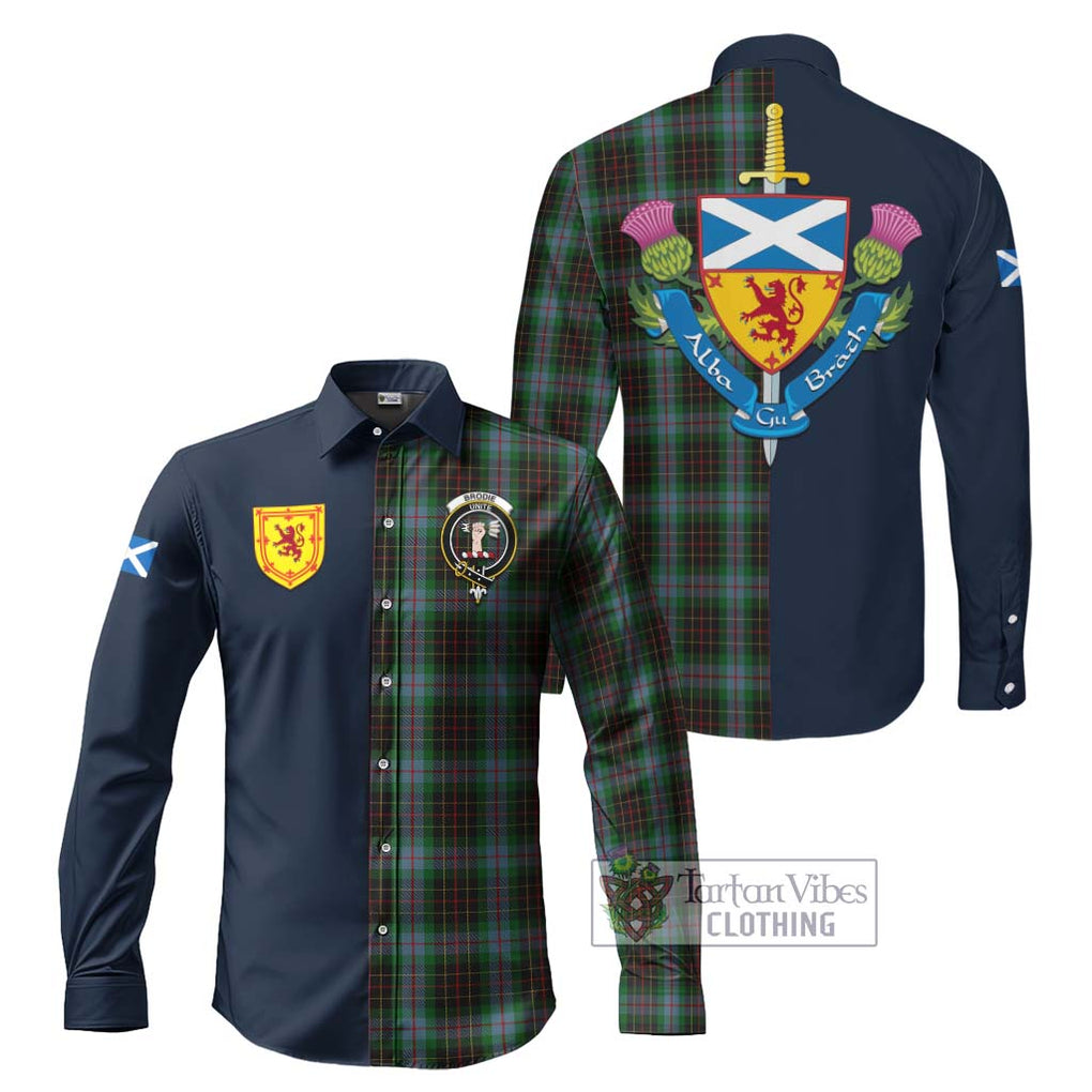 Tartan Vibes Clothing Brodie Hunting Tartan Long Sleeve Button Shirt with Scottish Lion Royal Arm Half Style