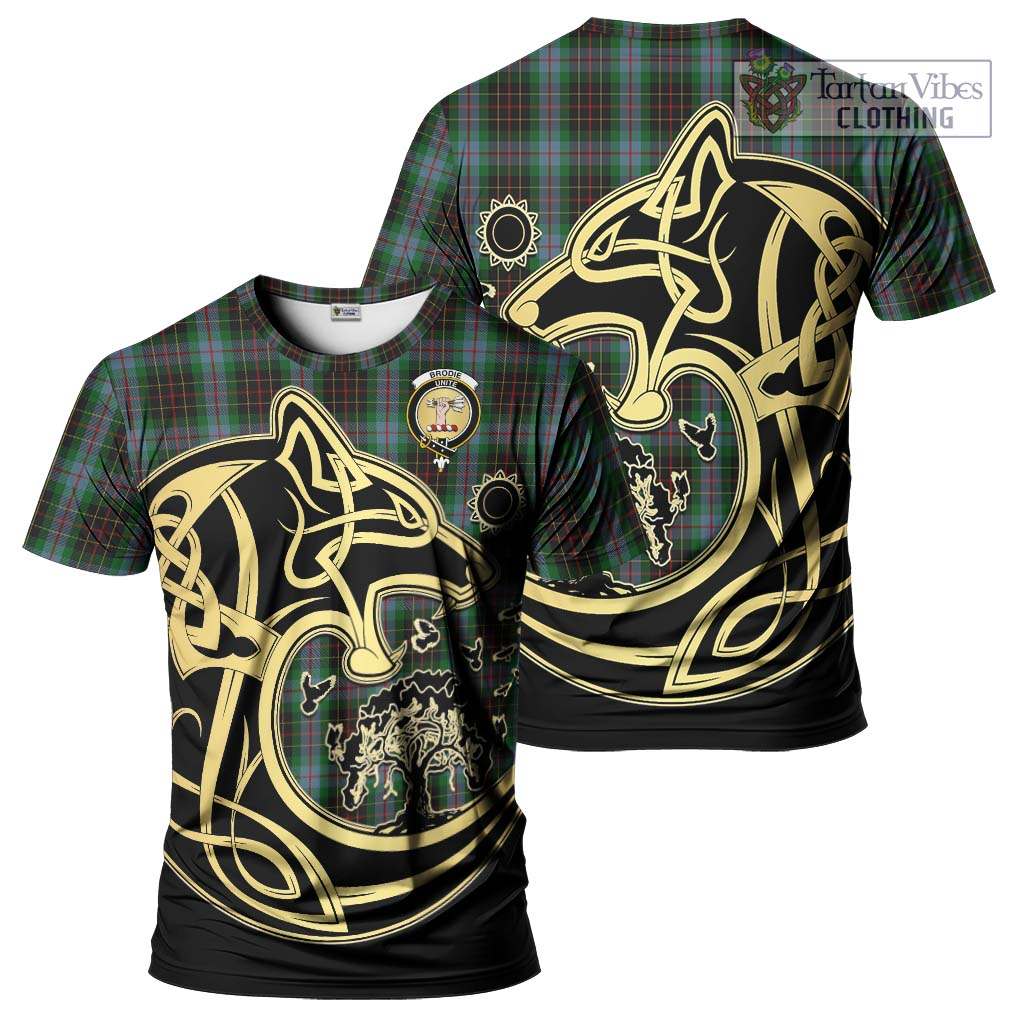 Tartan Vibes Clothing Brodie Hunting Tartan T-Shirt with Family Crest Celtic Wolf Style
