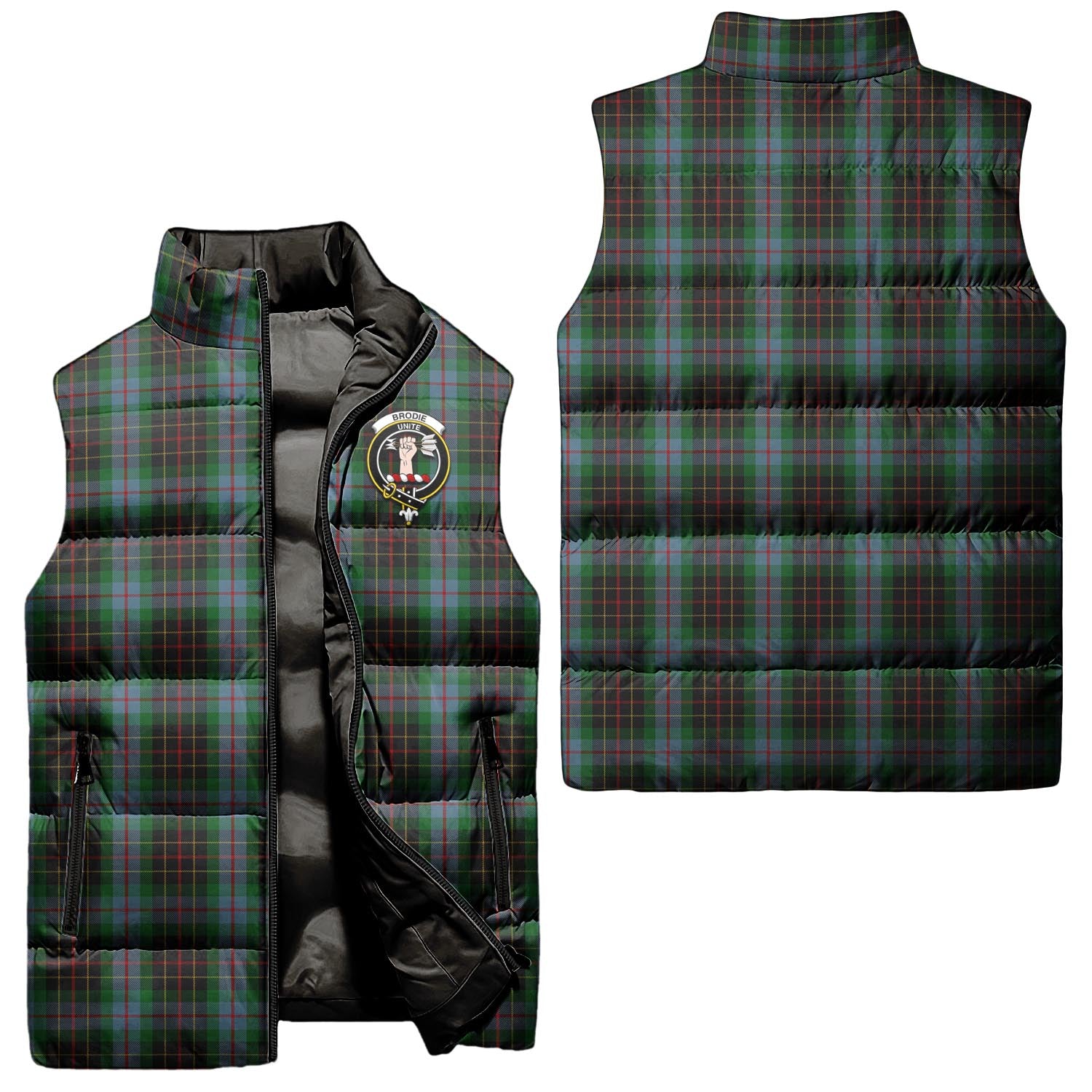 Brodie Hunting Tartan Sleeveless Puffer Jacket with Family Crest Unisex - Tartanvibesclothing