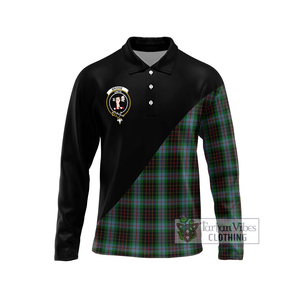 Brodie Hunting Tartan Long Sleeve Polo Shirt with Family Crest and Military Logo Style Unisex - Tartanvibesclothing Shop