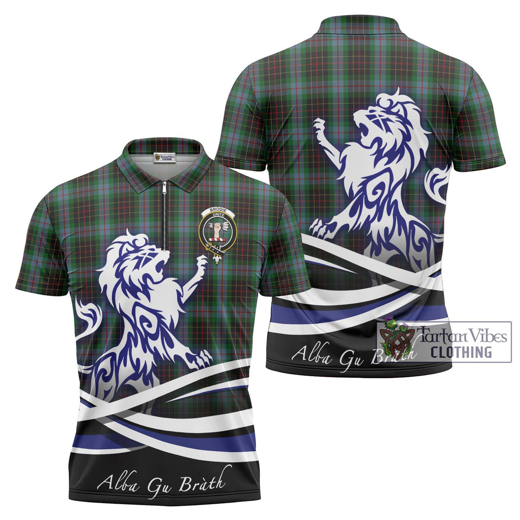 Brodie Hunting Tartan Zipper Polo Shirt with Alba Gu Brath Regal Lion Emblem Unisex - Tartanvibesclothing Shop