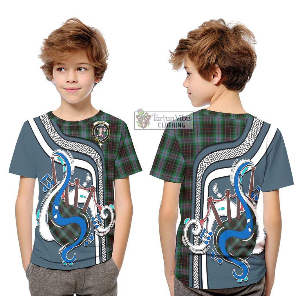 Tartan Vibes Clothing Brodie Hunting Tartan Kid T-Shirt with Epic Bagpipe Style