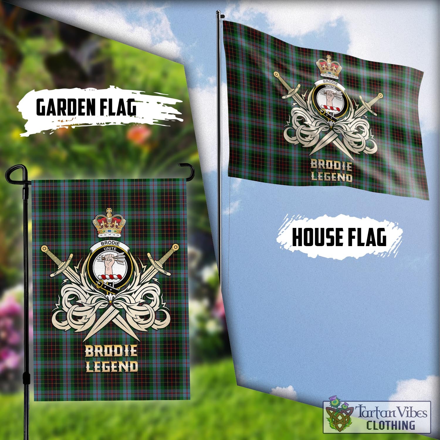 Tartan Vibes Clothing Brodie Hunting Tartan Flag with Clan Crest and the Golden Sword of Courageous Legacy