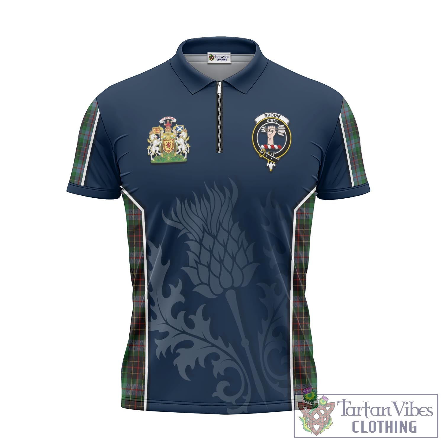 Tartan Vibes Clothing Brodie Hunting Tartan Zipper Polo Shirt with Family Crest and Scottish Thistle Vibes Sport Style