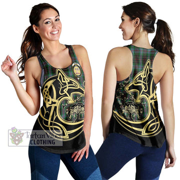 Brodie Hunting Tartan Women's Racerback Tanks with Family Crest Celtic Wolf Style