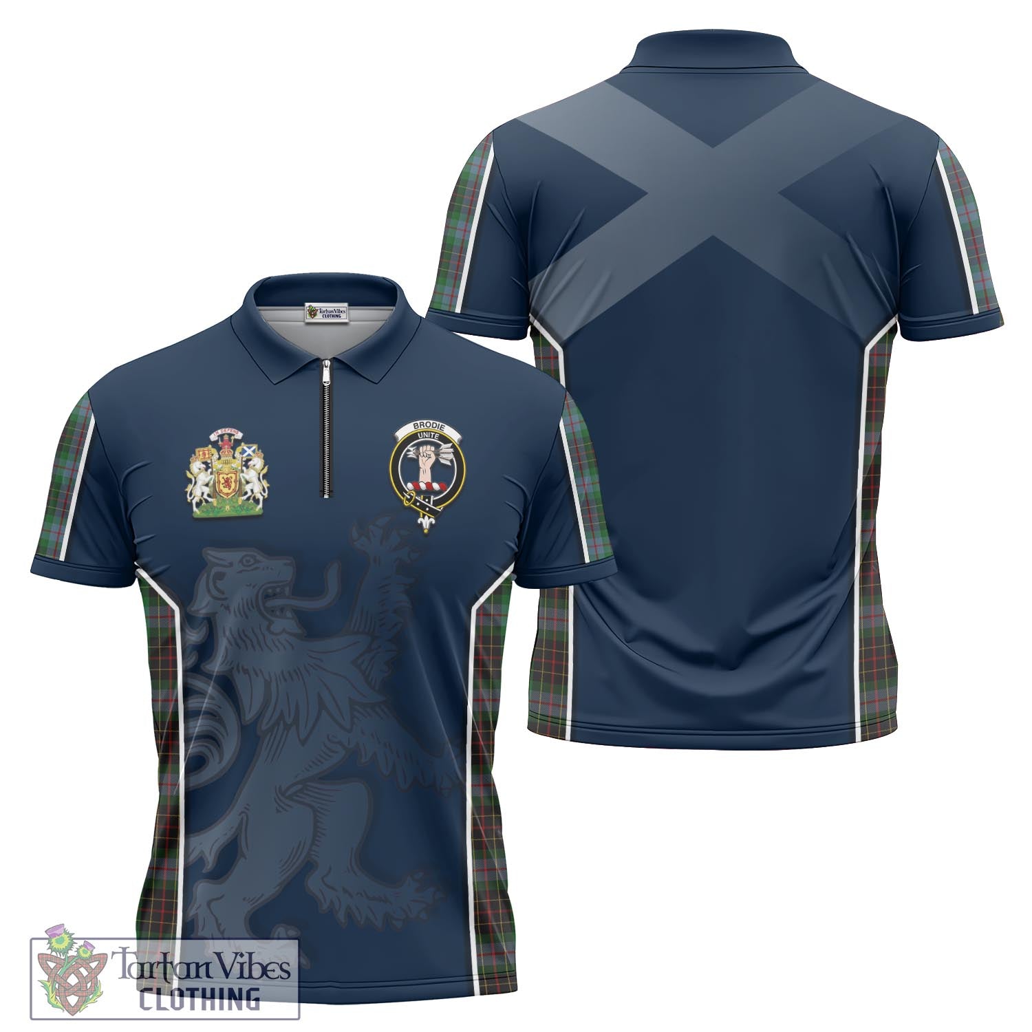 Tartan Vibes Clothing Brodie Hunting Tartan Zipper Polo Shirt with Family Crest and Lion Rampant Vibes Sport Style