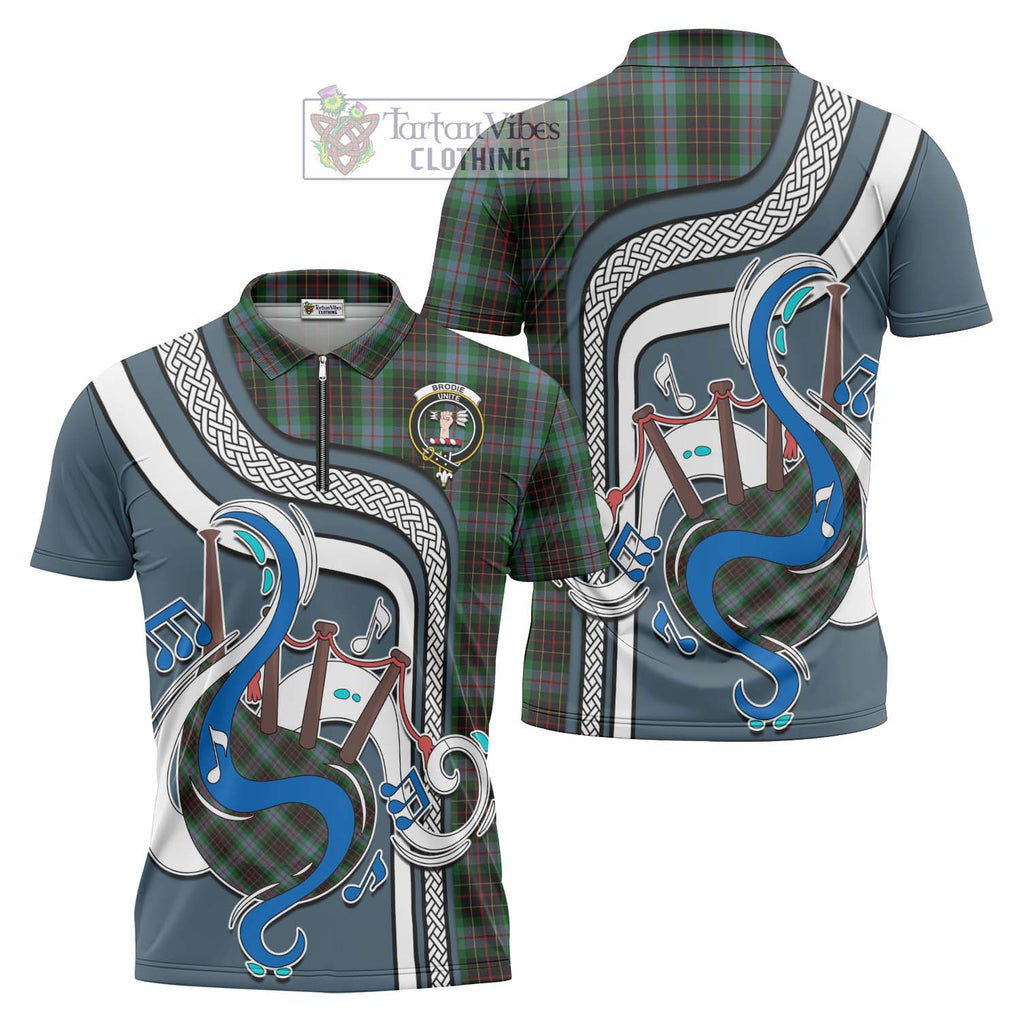 Brodie Hunting Tartan Zipper Polo Shirt with Epic Bagpipe Style Unisex - Tartanvibesclothing Shop