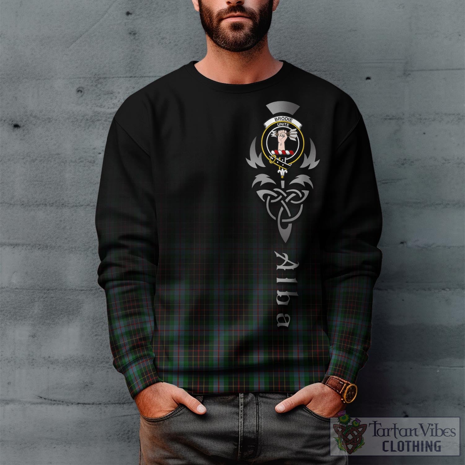 Tartan Vibes Clothing Brodie Hunting Tartan Sweatshirt Featuring Alba Gu Brath Family Crest Celtic Inspired