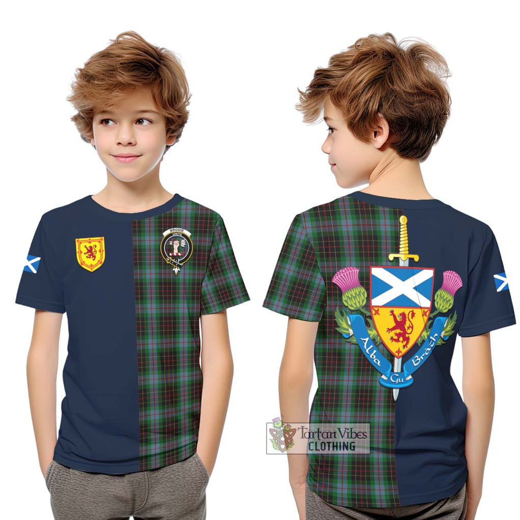 Tartan Vibes Clothing Brodie Hunting Tartan Kid T-Shirt with Scottish Lion Royal Arm Half Style