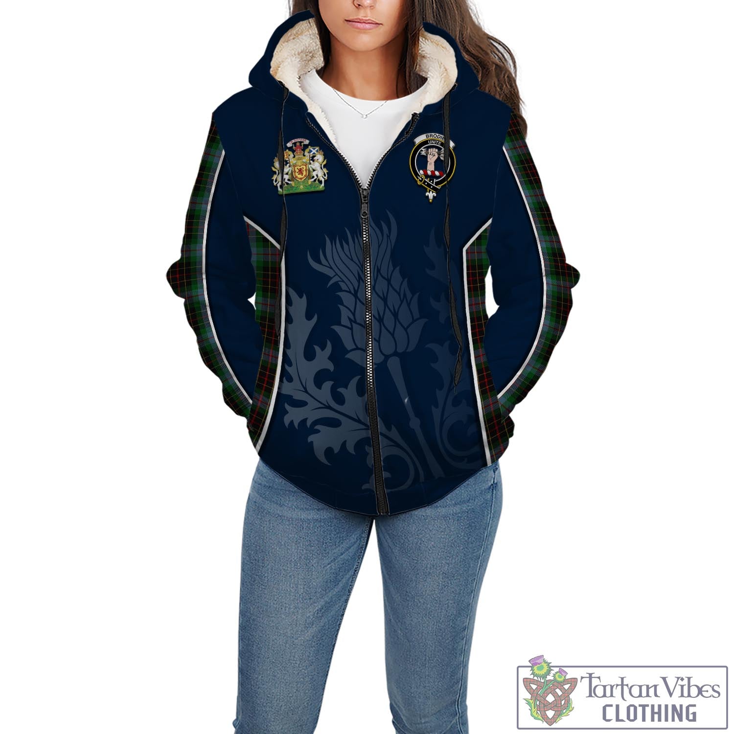 Tartan Vibes Clothing Brodie Hunting Tartan Sherpa Hoodie with Family Crest and Scottish Thistle Vibes Sport Style