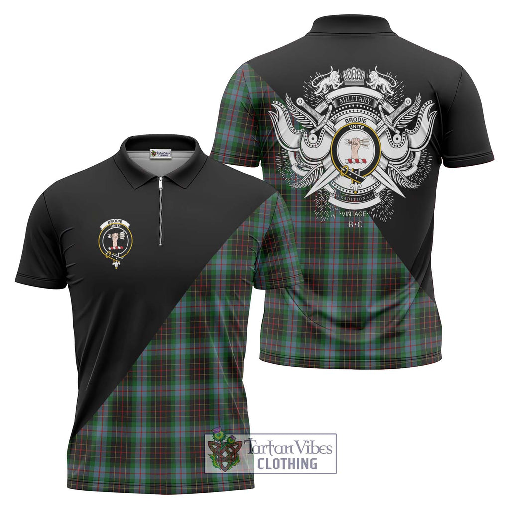 Brodie Hunting Tartan Zipper Polo Shirt with Family Crest and Military Logo Style Unisex - Tartanvibesclothing Shop