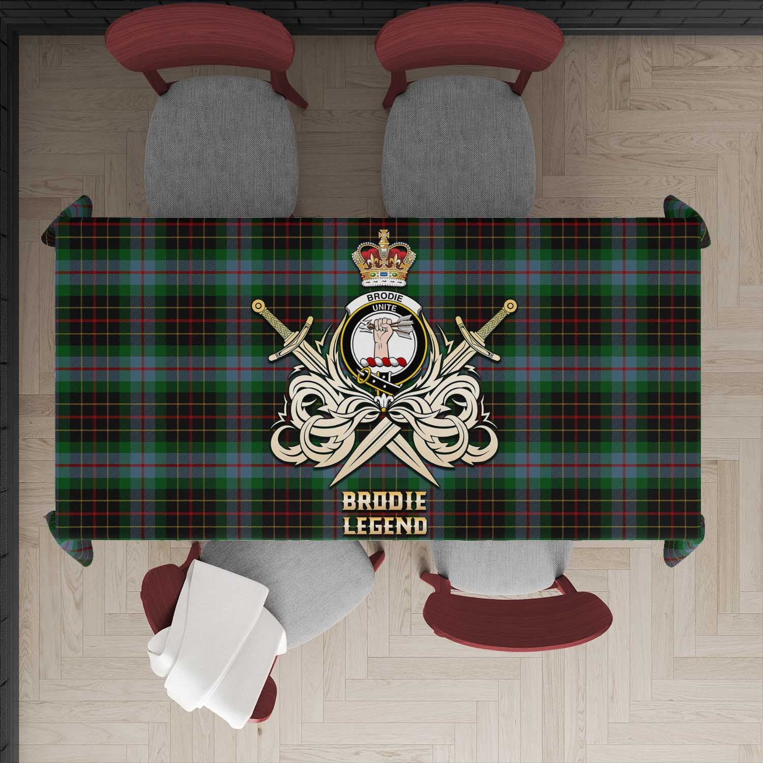 Tartan Vibes Clothing Brodie Hunting Tartan Tablecloth with Clan Crest and the Golden Sword of Courageous Legacy