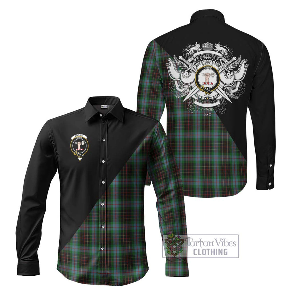 Brodie Hunting Tartan Long Sleeve Button Shirt with Family Crest and Military Logo Style Men's Shirt S - Tartanvibesclothing Shop