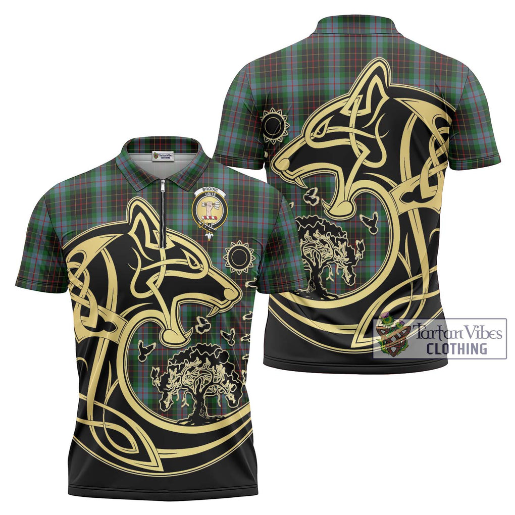 Brodie Hunting Tartan Zipper Polo Shirt with Family Crest Celtic Wolf Style Unisex - Tartanvibesclothing Shop