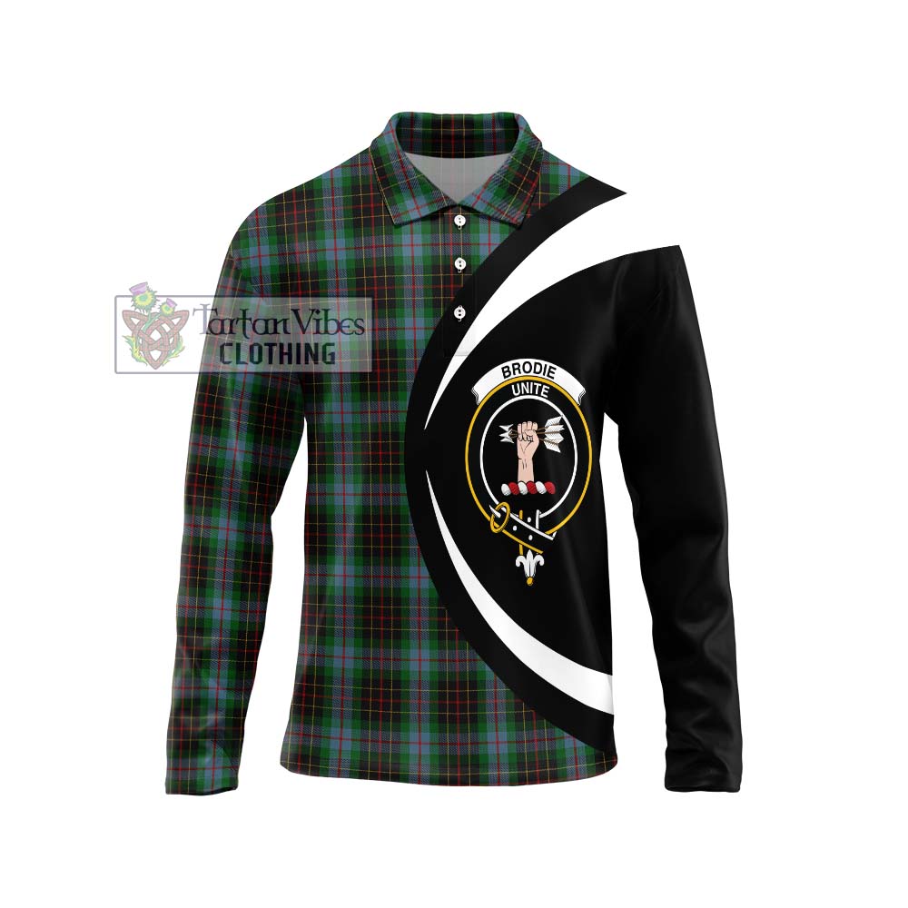 Brodie Hunting Tartan Long Sleeve Polo Shirt with Family Crest Circle Style Unisex - Tartan Vibes Clothing