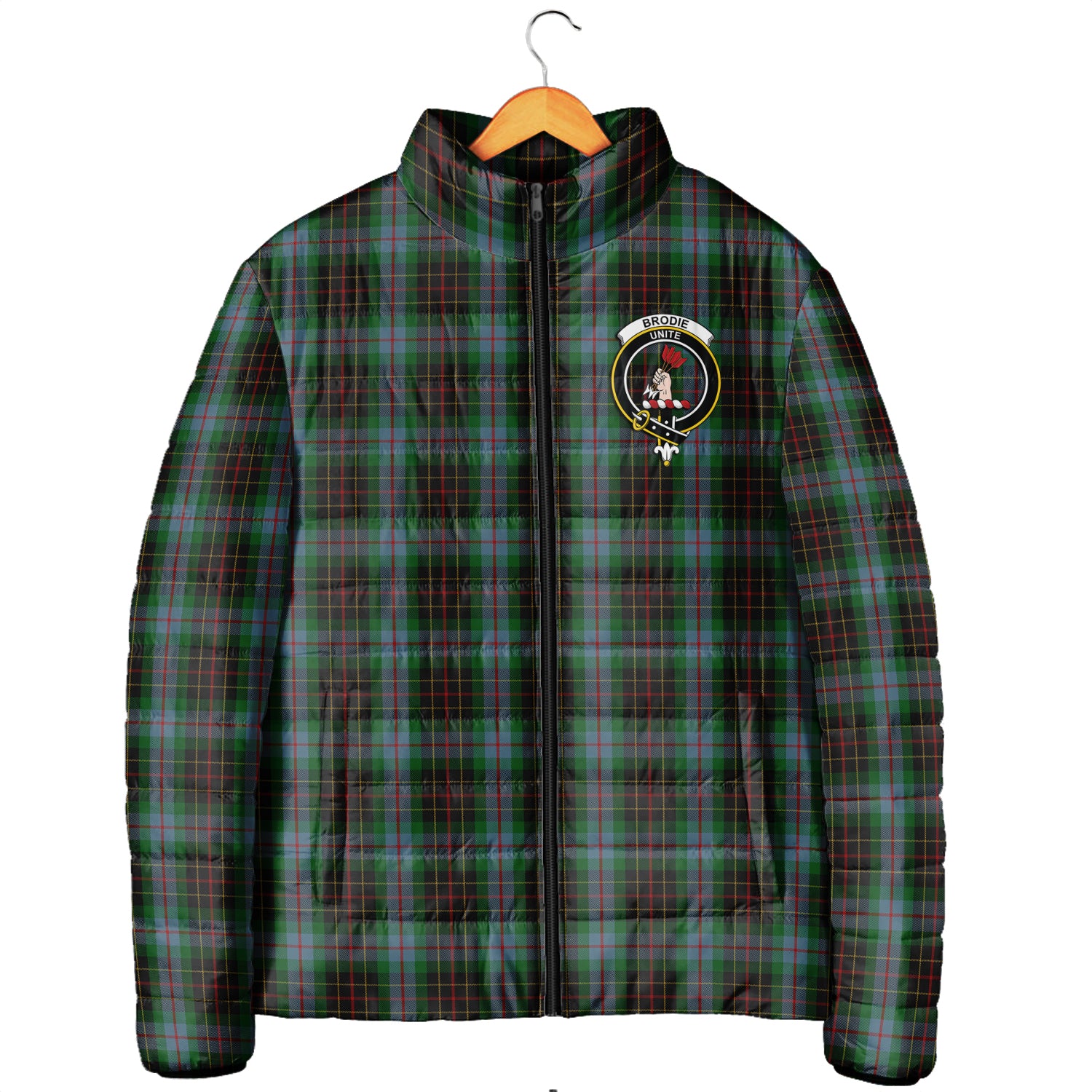 Brodie Hunting Tartan Padded Jacket with Family Crest Men's Padded Jacket - Tartan Vibes Clothing